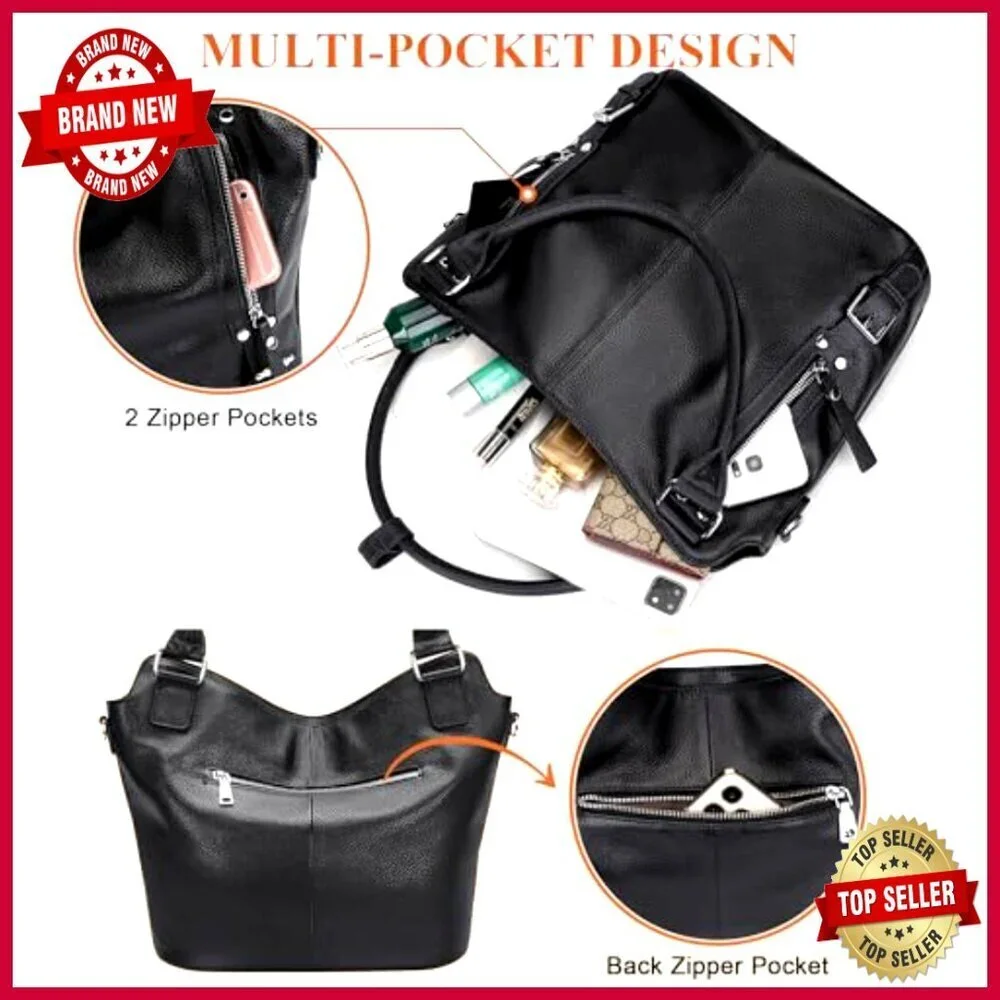 Large Genuine Leather Hobo Tote Shoulder Bag with Multiple Pockets